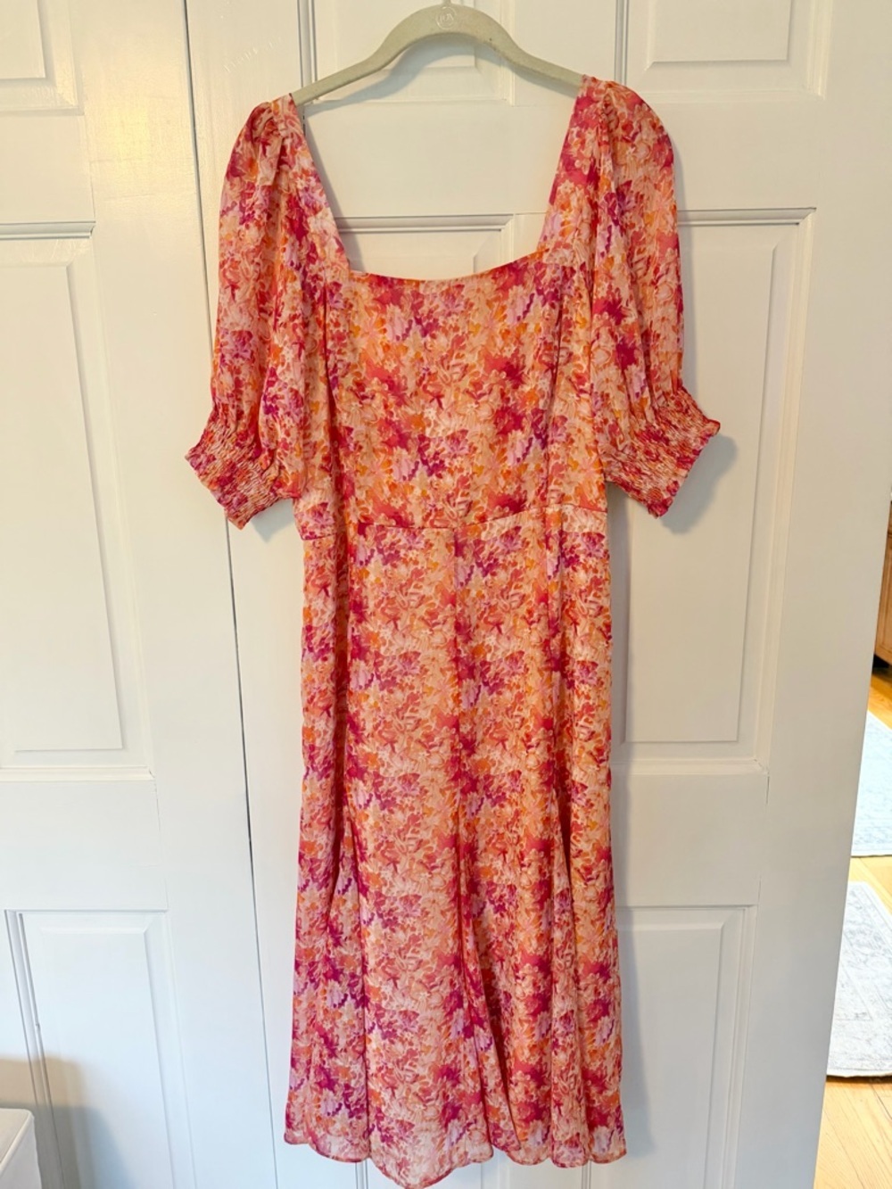 Maison Tara Floral Midi Dress‎ Womens 10 Puff Sleeve Square Neck Pink Orange